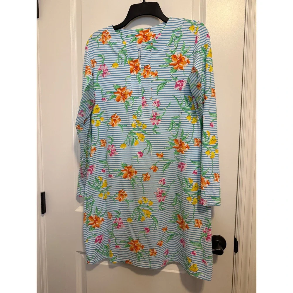 IBKUL Floral Stripe Dress Womens Medium Blue Long Sleeve Excellent Golf Modest